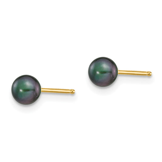 14K Yellow Gold 4-5mm Black Round FWC Pearl Stud Post Earrings