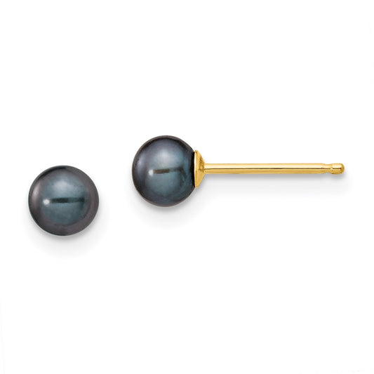 14K Yellow Gold 4-5mm Black Round FWC Pearl Stud Post Earrings