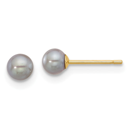 14K Yellow Gold 4-5mm Round Grey FWC Pearl Post Earrings