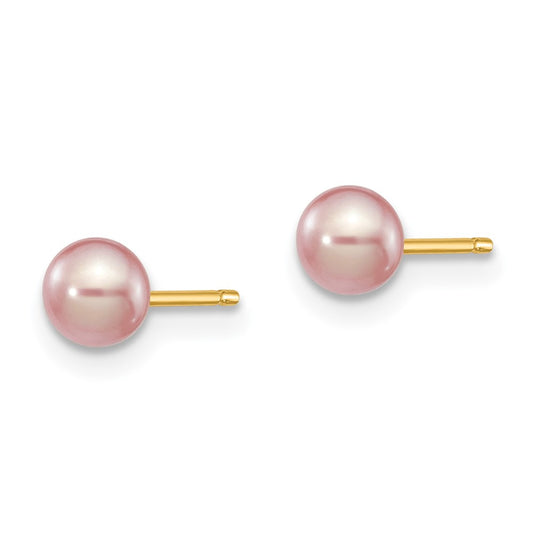 14K Yellow Gold 4-5mm Purple Round FWC Pearl Stud Post Earrings