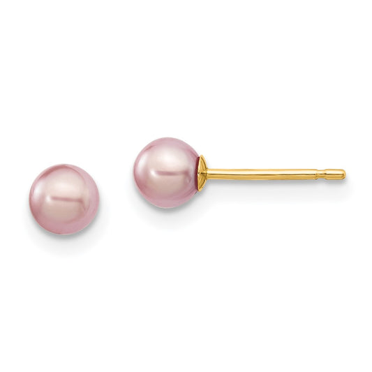 14K Yellow Gold 4-5mm Purple Round FWC Pearl Stud Post Earrings