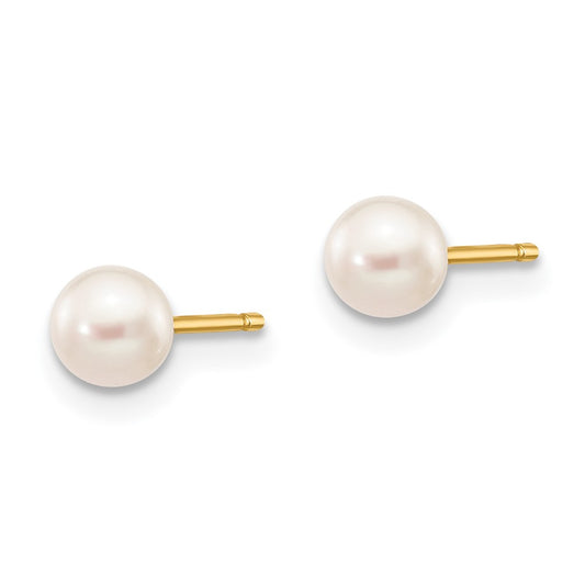 14K Yellow Gold 4-5mm White Round FWC Pearl Stud Post Earrings