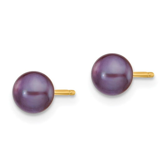 14K Yellow Gold 5-6mm Black Button FWC Pearl Stud Post Earrings