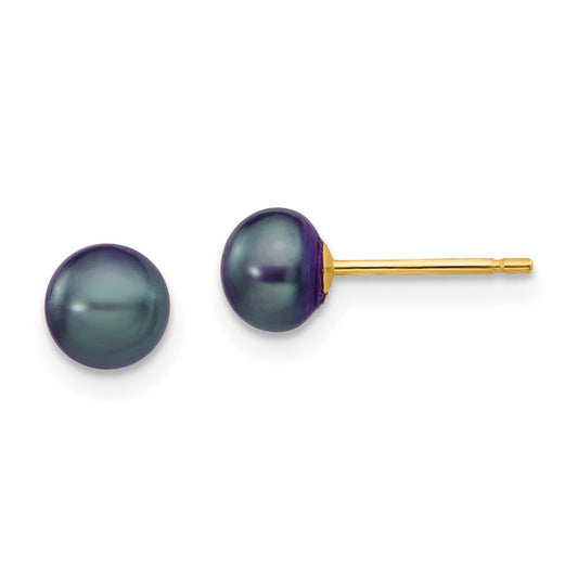 14K Yellow Gold 5-6mm Black Button FWC Pearl Stud Post Earrings