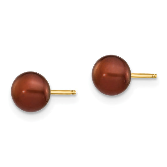 14K Yellow Gold 5-6mm Coffee Button FWC Pearl Stud Post Earrings