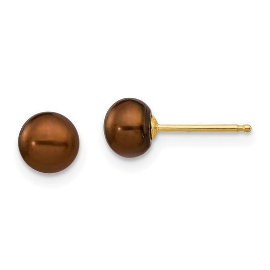 14K Yellow Gold 5-6mm Coffee Button FWC Pearl Stud Post Earrings