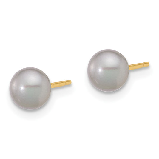 14K Yellow Gold 5-6mm Grey Button FWC Pearl Stud Post Earrings