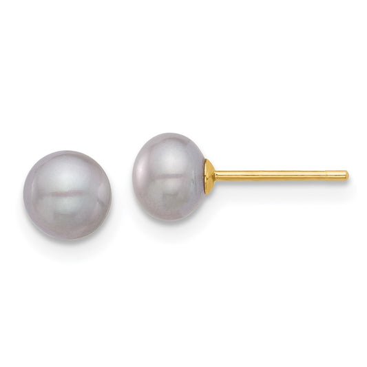 14K Yellow Gold 5-6mm Grey Button FWC Pearl Stud Post Earrings