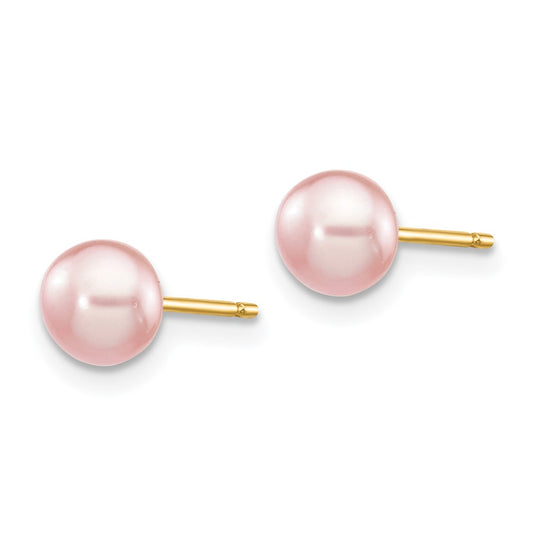 14K Yellow Gold 5-6mm Pink Button FWC Pearl Stud Post Earrings