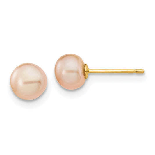 14K Yellow Gold 5-6mm Pink Button FWC Pearl Stud Post Earrings