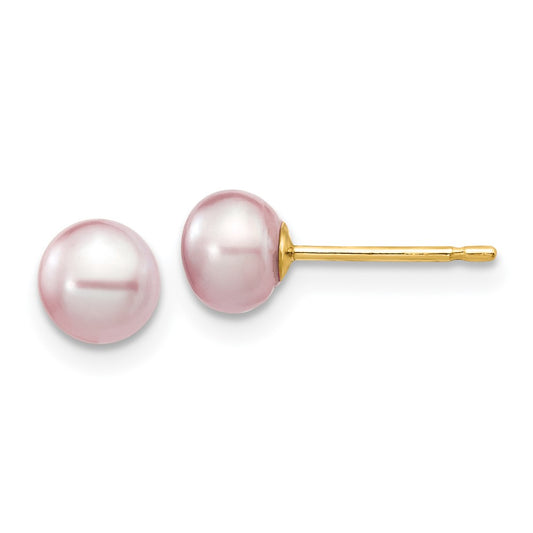 14K Yellow Gold 5-6mm Purple Button FWC Pearl Stud Post Earrings