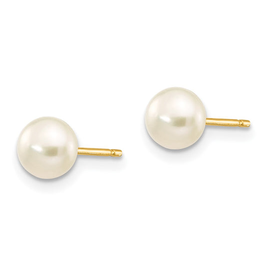 14K Yellow Gold 5-6mm White Button FWC Pearl Stud Post Earrings