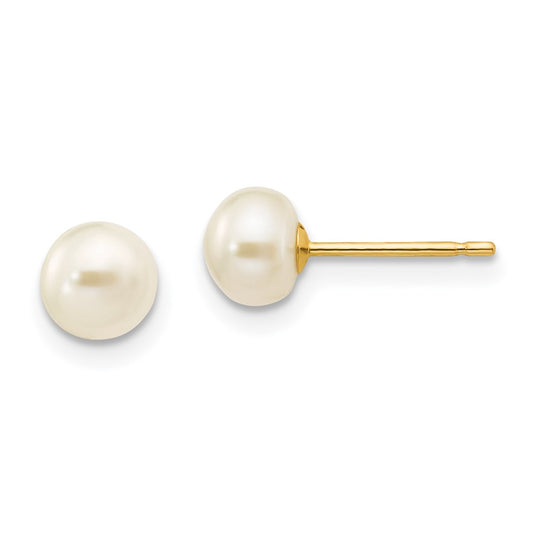 14K Yellow Gold 5-6mm White Button FWC Pearl Stud Post Earrings