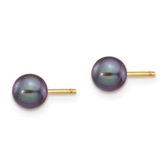 14K Yellow Gold 5-6mm Black Round FWC Pearl Stud Post Earrings