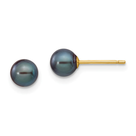 14K Yellow Gold 5-6mm Black Round FWC Pearl Stud Post Earrings