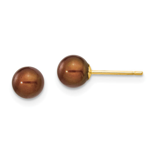 14K Yellow Gold 5-6mm Coffee Round FWC Pearl Stud Post Earrings