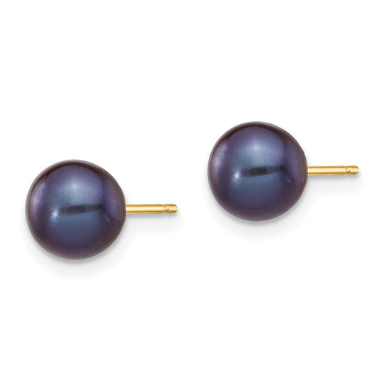 14K Yellow Gold 6-7mm Black Round FWC Pearl Stud Post Earrings