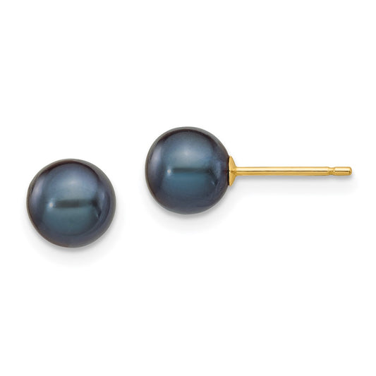 14K Yellow Gold 6-7mm Black Round FWC Pearl Stud Post Earrings