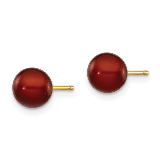 14K Yellow Gold 6-7mm Coffee Round FWC Pearl Stud Post Earrings