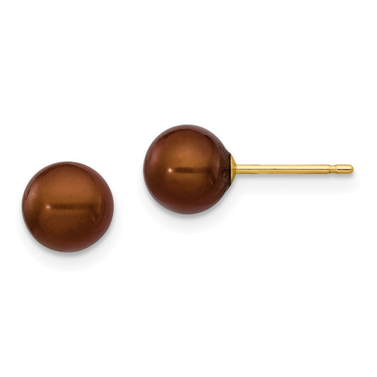 14K Yellow Gold 6-7mm Coffee Round FWC Pearl Stud Post Earrings