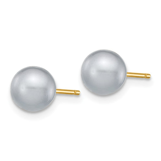 14K Yellow Gold 6-7mm Grey Round FWC Pearl Stud Post Earrings