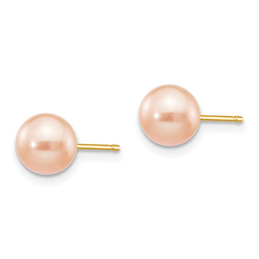 14K Yellow Gold 6-7mm Pink Round FWC Pearl Stud Post Earrings