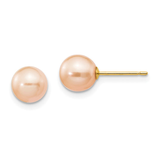 14K Yellow Gold 6-7mm Pink Round FWC Pearl Stud Post Earrings