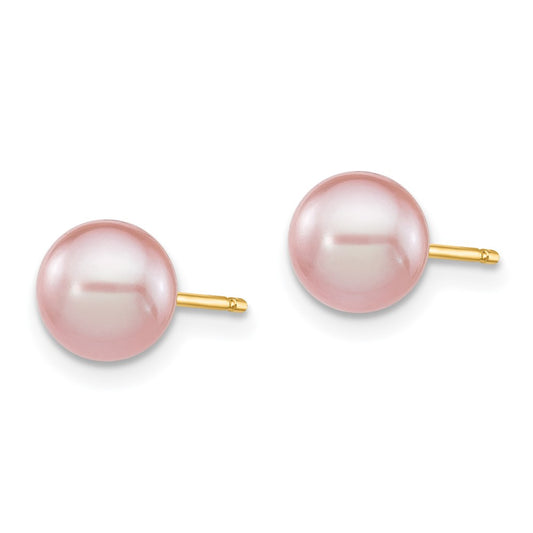 14K Yellow Gold 6-7mm Purple Round FWC Pearl Stud Post Earrings