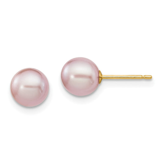 14K Yellow Gold 6-7mm Purple Round FWC Pearl Stud Post Earrings