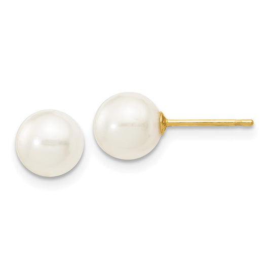 14K Yellow Gold 6-7mm White Round FWC Pearl Stud Post Earrings