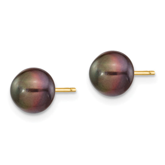 14K Yellow Gold 7-8mm Black Button FWC Pearl Stud Post Earrings