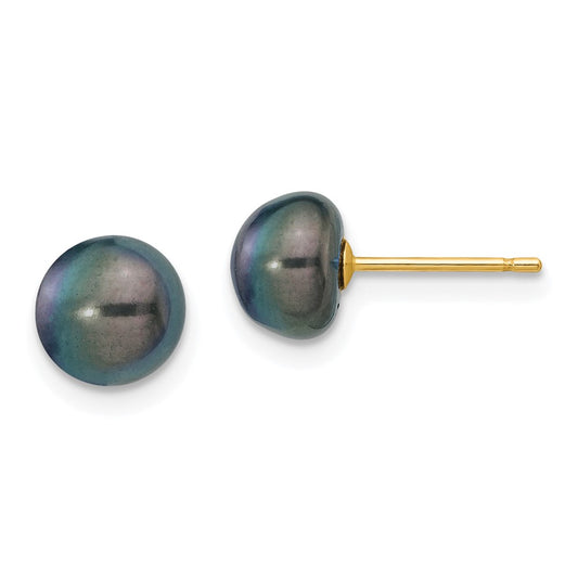 14K Yellow Gold 7-8mm Black Button FWC Pearl Stud Post Earrings