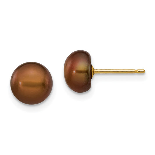 14K Yellow Gold 7-8mm Coffee Button FWC Pearl Stud Post Earrings