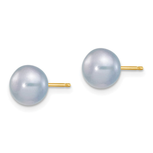 14K Yellow Gold 7-8mm Grey Button FWC Pearl Stud Post Earrings