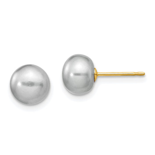 14K Yellow Gold 7-8mm Grey Button FWC Pearl Stud Post Earrings