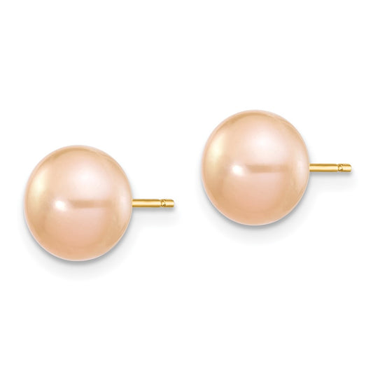 14K Yellow Gold 7-8mm Pink Button FWC Pearl Stud Post Earrings