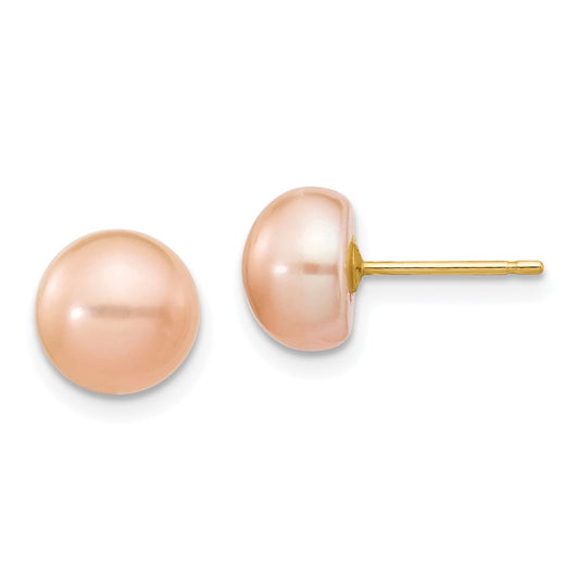 14K Yellow Gold 7-8mm Pink Button FWC Pearl Stud Post Earrings