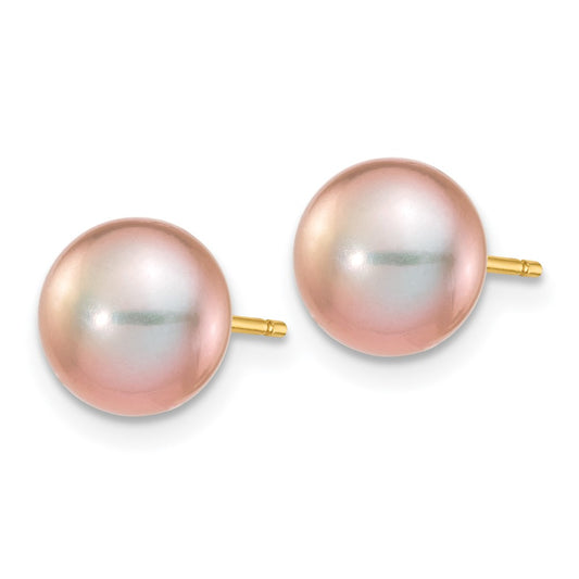 14K Yellow Gold 7-8mm Purple Button FWC Pearl Stud Post Earrings