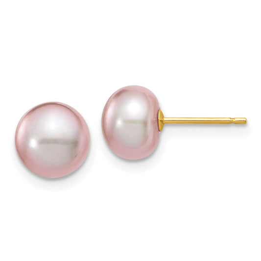 14K Yellow Gold 7-8mm Purple Button FWC Pearl Stud Post Earrings