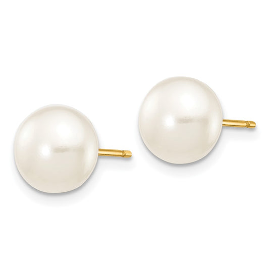 14K Yellow Gold 7-8mm White Button FWC Pearl Stud Post Earrings