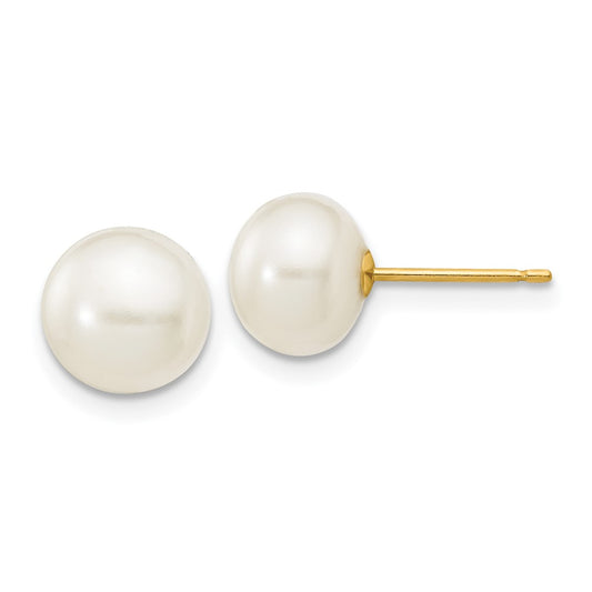 14K Yellow Gold 7-8mm White Button FWC Pearl Stud Post Earrings