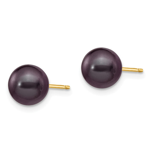 14K Yellow Gold 7-8mm Black Round FWC Pearl Stud Post Earrings