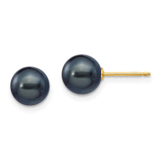 14K Yellow Gold 7-8mm Black Round FWC Pearl Stud Post Earrings