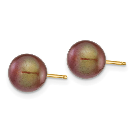 14K Yellow Gold 7-8mm Coffee Round FWC Pearl Stud Post Earrings