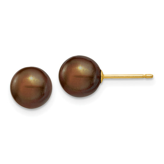 14K Yellow Gold 7-8mm Coffee Round FWC Pearl Stud Post Earrings