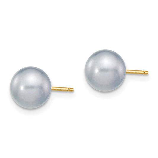 14K Yellow Gold 7-8mm Grey Round FWC Pearl Stud Post Earrings