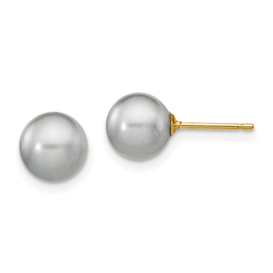 14K Yellow Gold 7-8mm Grey Round FWC Pearl Stud Post Earrings