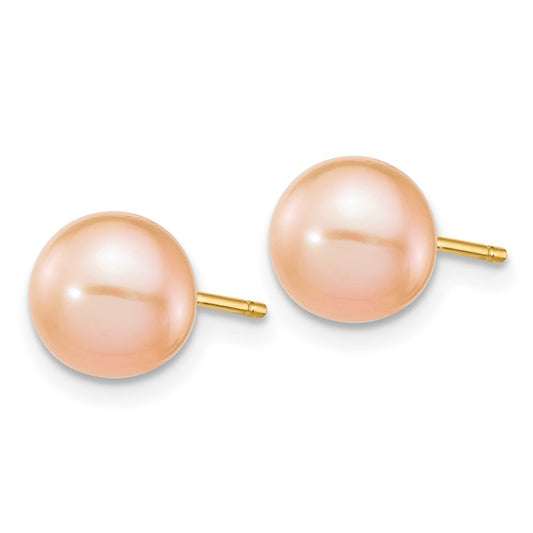 14K Yellow Gold 7-8mm Pink Round FWC Pearl Stud Post Earrings