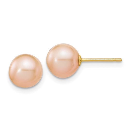 14K Yellow Gold 7-8mm Pink Round FWC Pearl Stud Post Earrings