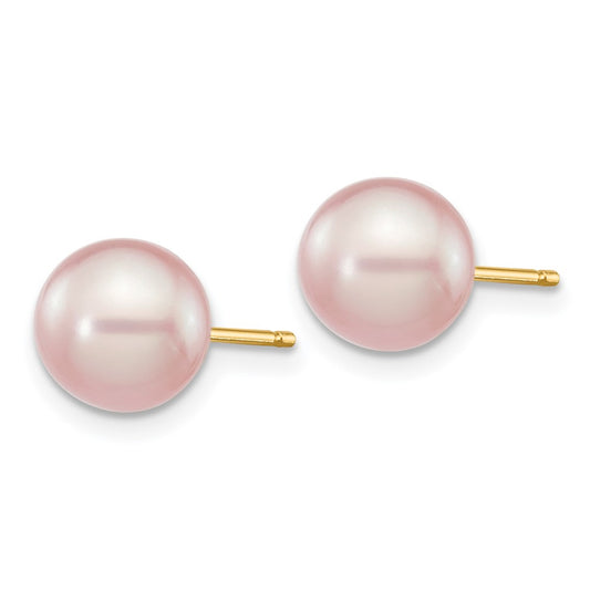 14K Yellow Gold 7-8mm Purple Round FWC Pearl Stud Post Earrings